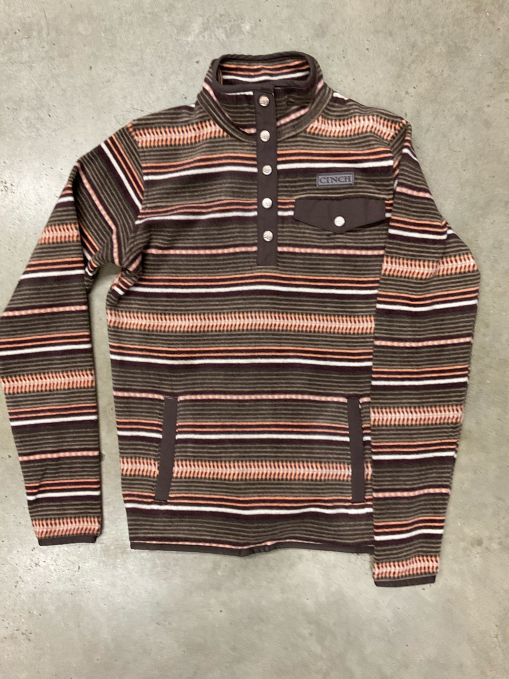 Cinch Striped Pullover Jacket in Brown, Coral & Cream